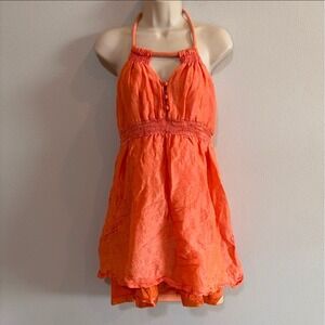Esley Silk Linen Blend Halter Mini Dress L Coral Orange Resort Vacation Beach